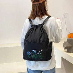 Waterproof Flower Print Embroidery Foldable Drawstring Backpack