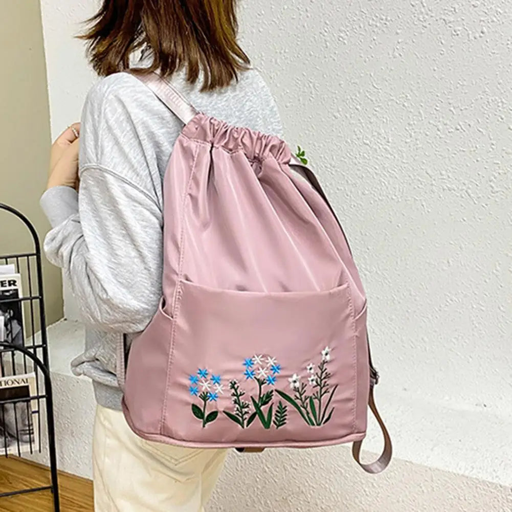 Waterproof Flower Print Embroidery Foldable Drawstring Backpack