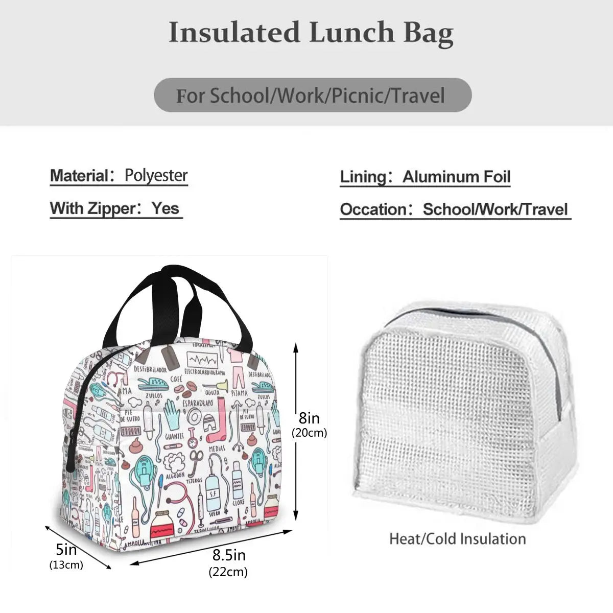 Travel Nurse Insulated Lunch Bag - Cartoon Print Food Case Cooler