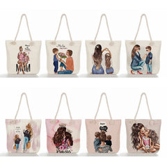 Portable Beach Bag Cartoon Mama Print Handbag Mom and Baby Tote