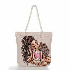 Portable Beach Bag Cartoon Mama Print Handbag Mom and Baby Tote