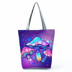 Mushroom Print Eco Tote Bag Bright Colors High Capacity Shopping Handbag