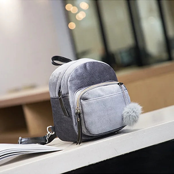 Velvet Women Mini Backpack Girl Solid Pompom Backpack Female