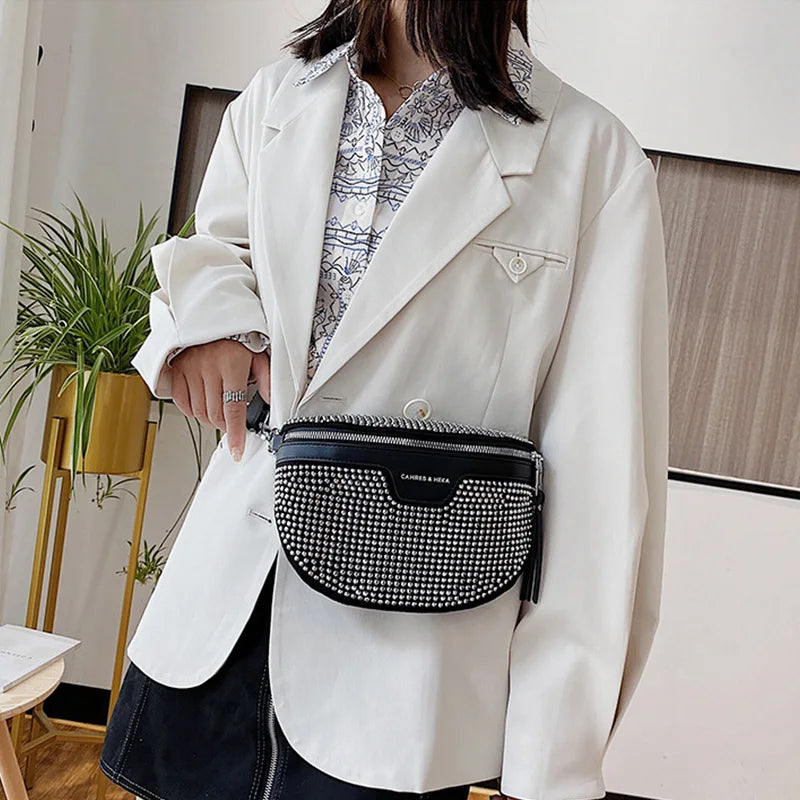 Women's PU Leather Waist Bag Rhinestone Fanny Pack