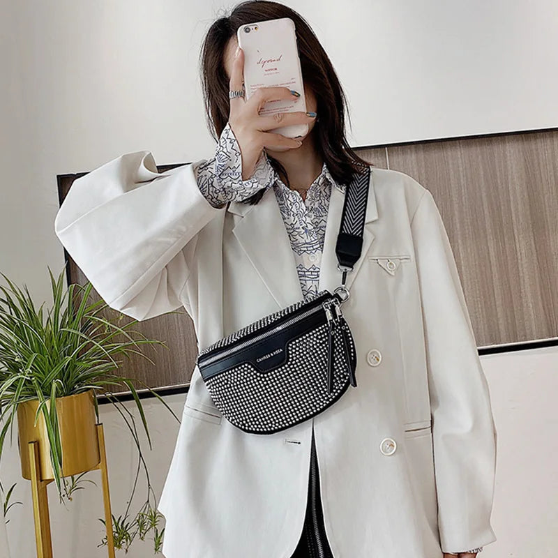 Women's PU Leather Waist Bag Rhinestone Fanny Pack