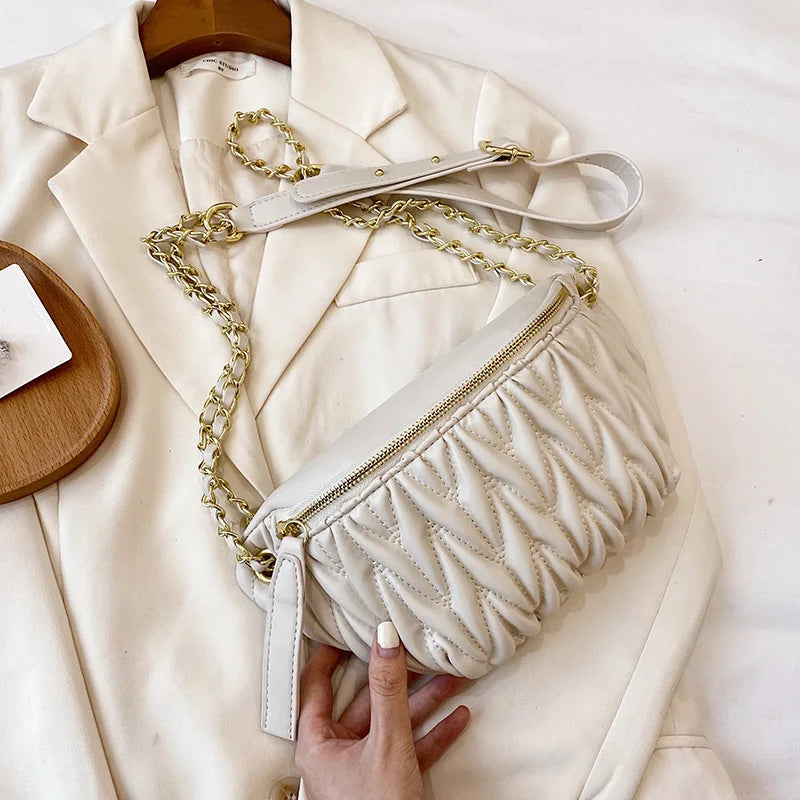 Pleated Waist Bag Chain Crossbody PU Leather Hip Belt Phone Pouch