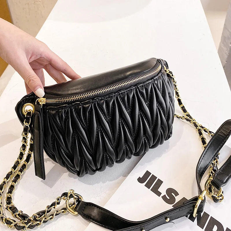 Pleated Waist Bag Chain Crossbody PU Leather Hip Belt Phone Pouch
