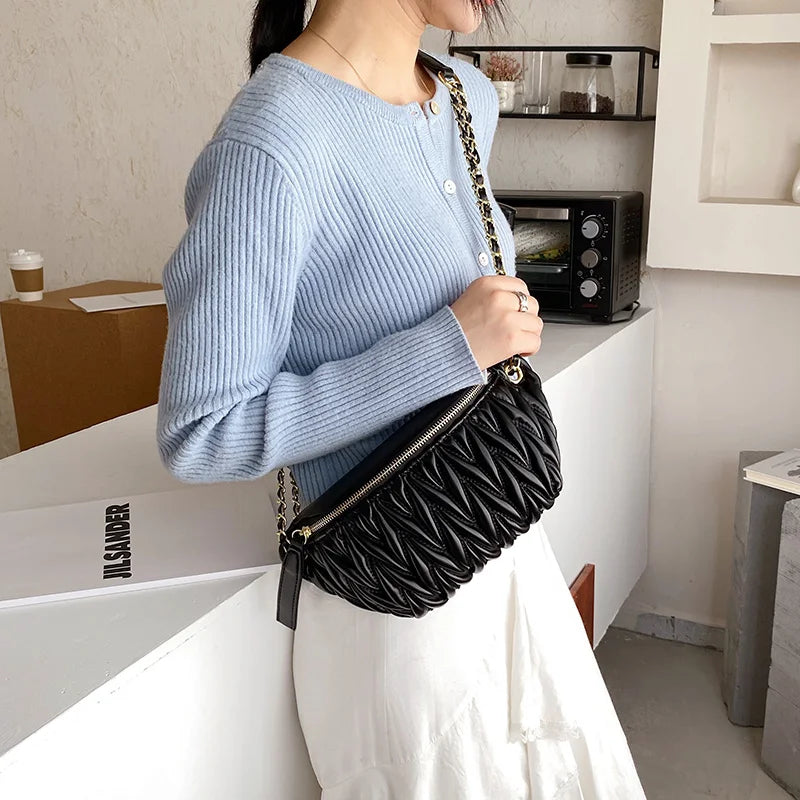 Pleated Waist Bag Chain Crossbody PU Leather Hip Belt Phone Pouch