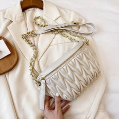 Pleated Waist Bag Chain Crossbody PU Leather Hip Belt Phone Pouch