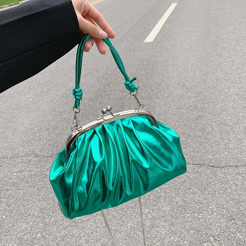 Pleated Top Clutch Bag Clip Chain Women Crossbody Bag Purse