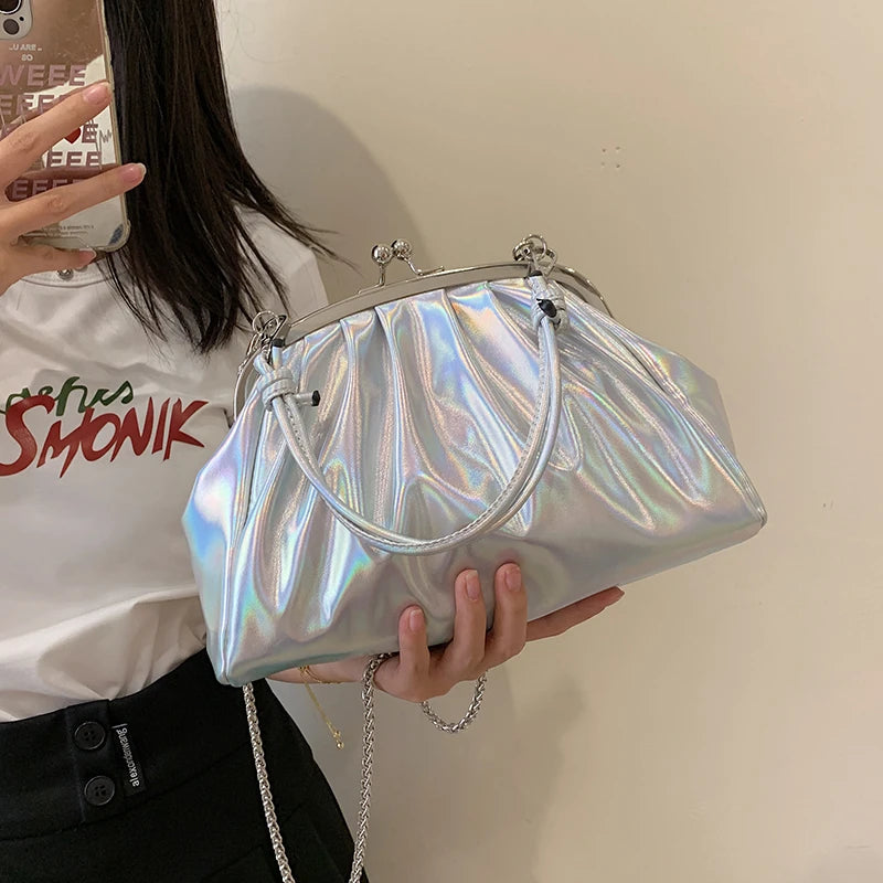 Pleated Top Clutch Bag Clip Chain Women Crossbody Bag Purse