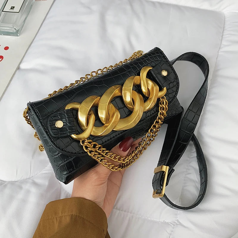 Trendy Crocodile Pattern Crossbody Bag w/ Metal Chain Shoulder Purse