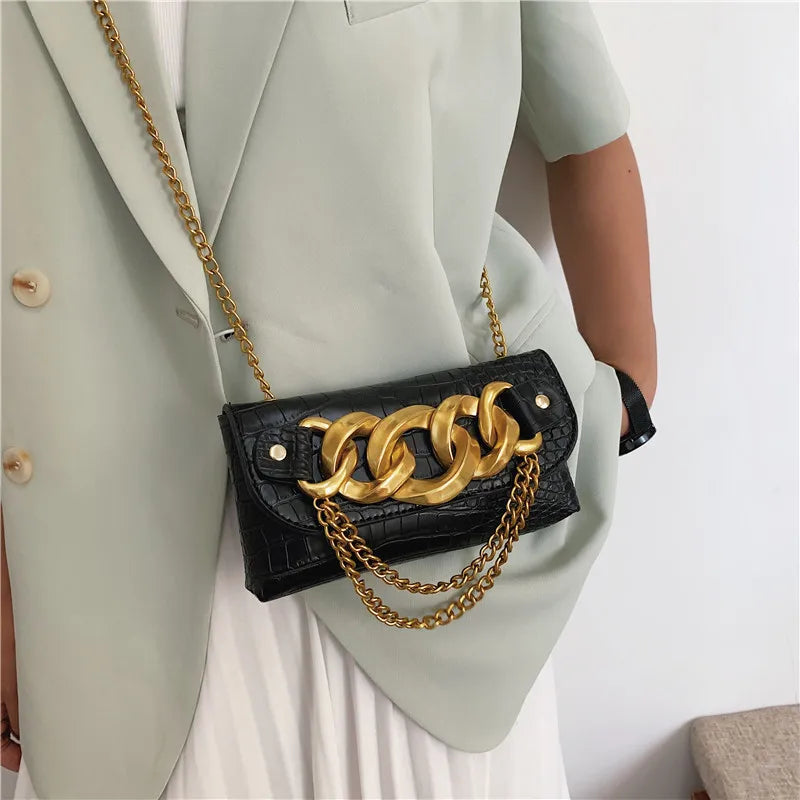 Trendy Crocodile Pattern Crossbody Bag w/ Metal Chain Shoulder Purse