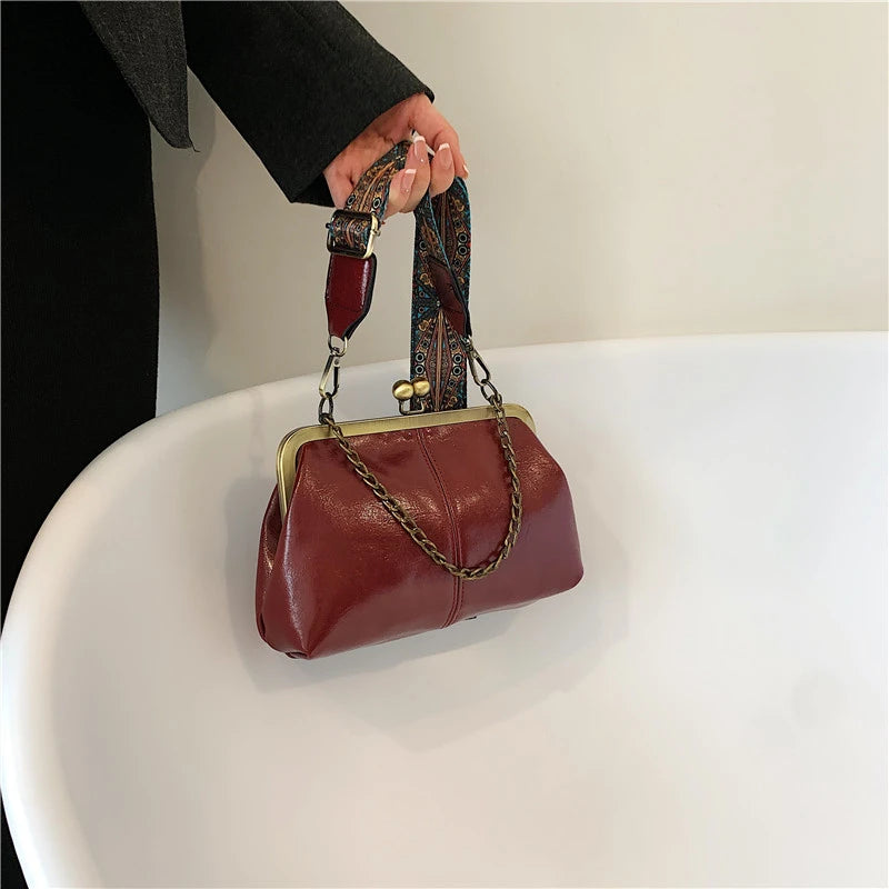 Vintage Clip Handbags Women Shoulder Crossbody Bags Vegan Leather