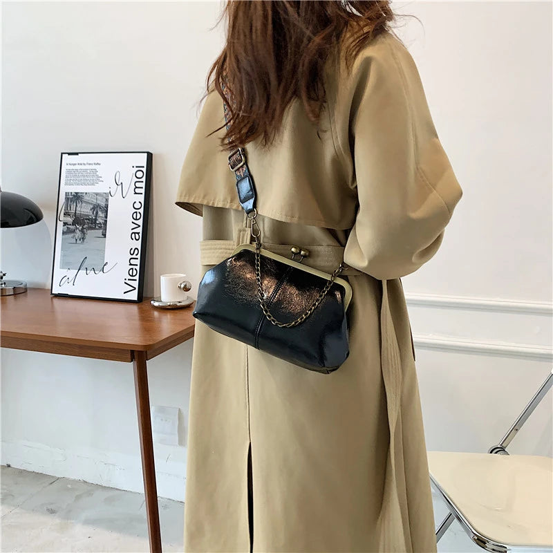 Vintage Clip Handbags Women Shoulder Crossbody Bags Vegan Leather