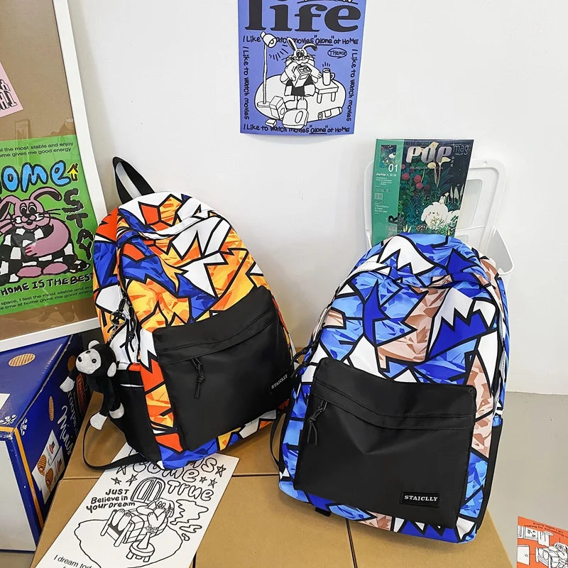 Female Graffiti Laptop College Backpack Lady Nylon Book Bag Women Student