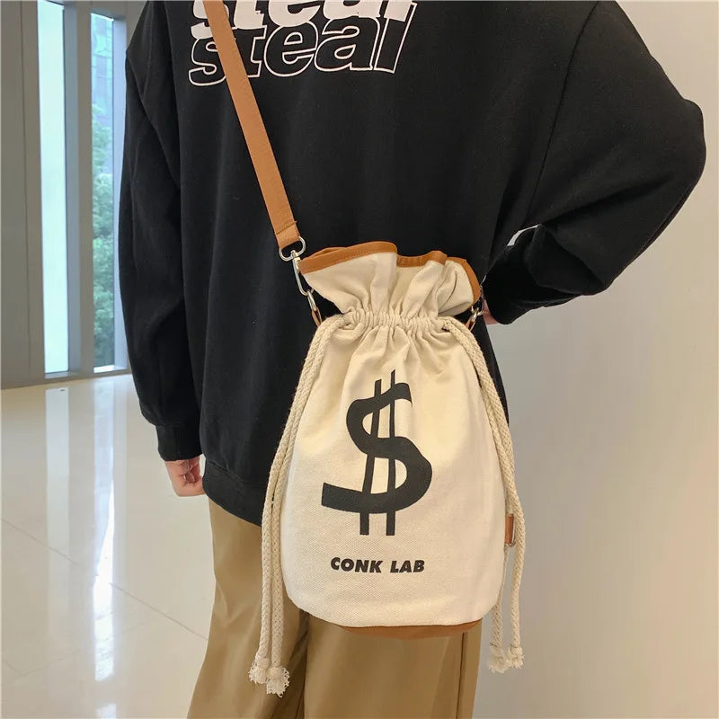 Canvas Bucket Shoulder Bag Punk Style Men Women Messenger Bag