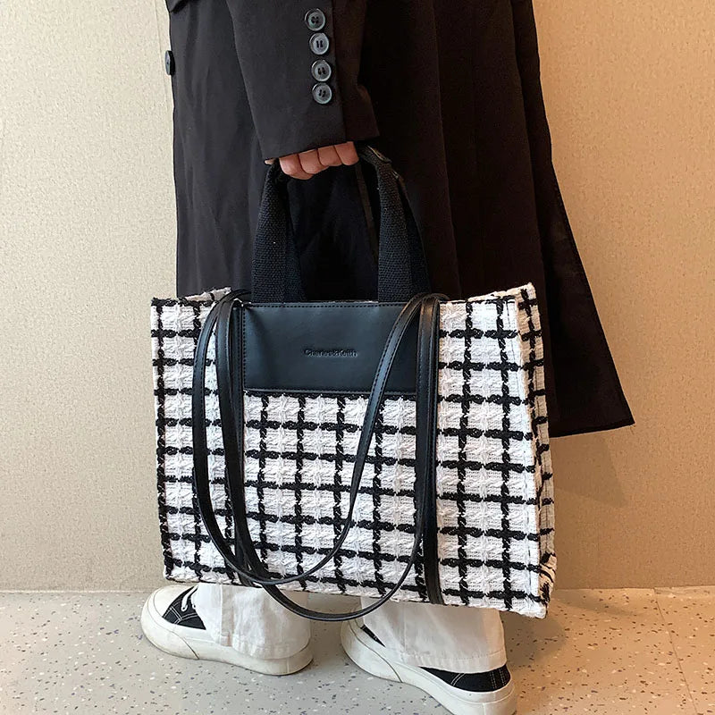 Houndstooth Shoulder Bag for Women Large Capacity Tote Purse