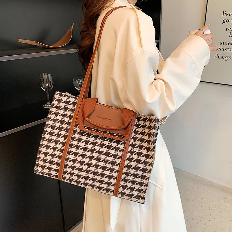 Houndstooth Shoulder Bag for Women Large Capacity Tote Purse