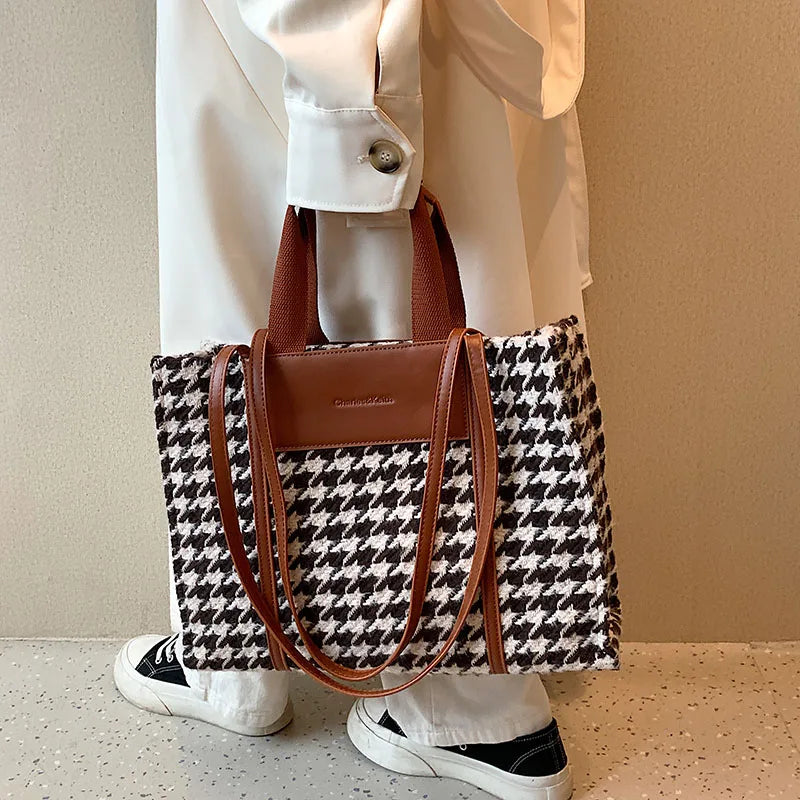 Houndstooth Shoulder Bag for Women Large Capacity Tote Purse