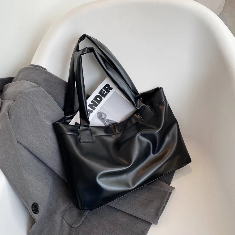 Large Capacity PU Leather Shoulder Handbags Women Solid Totes Shoulder Bags