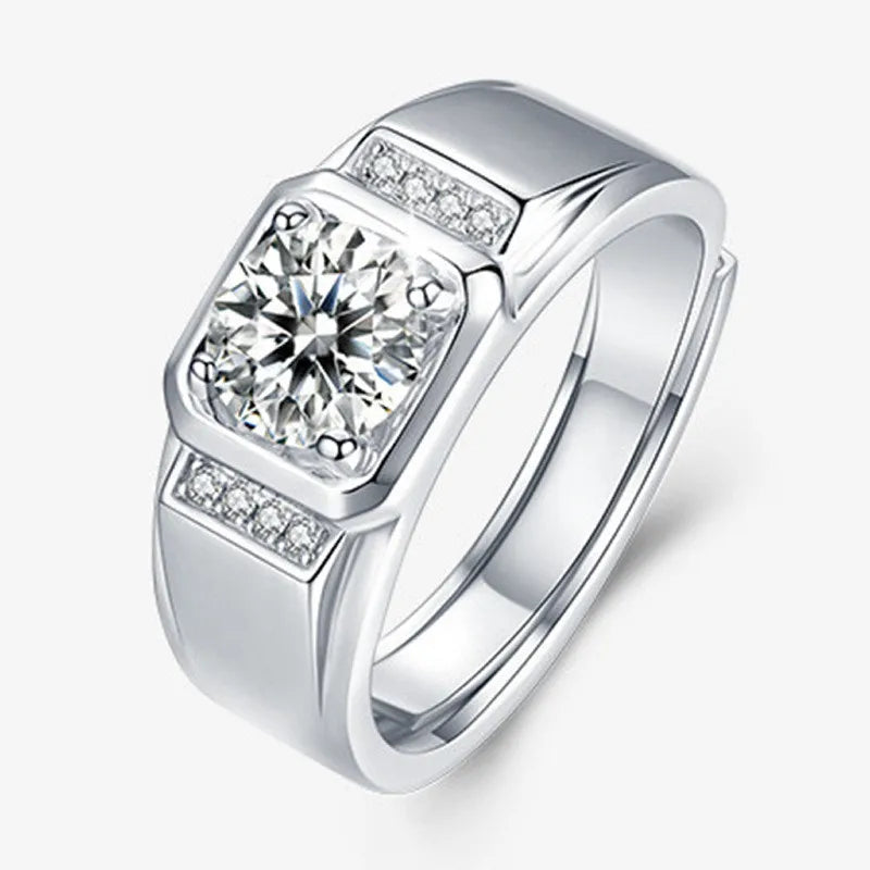 Men's Silver Ring with Moissanite Zircon Gemstone