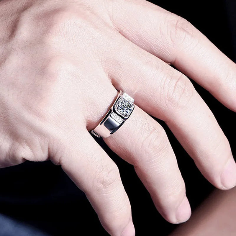 Men's Silver Ring with Moissanite Zircon Gemstone