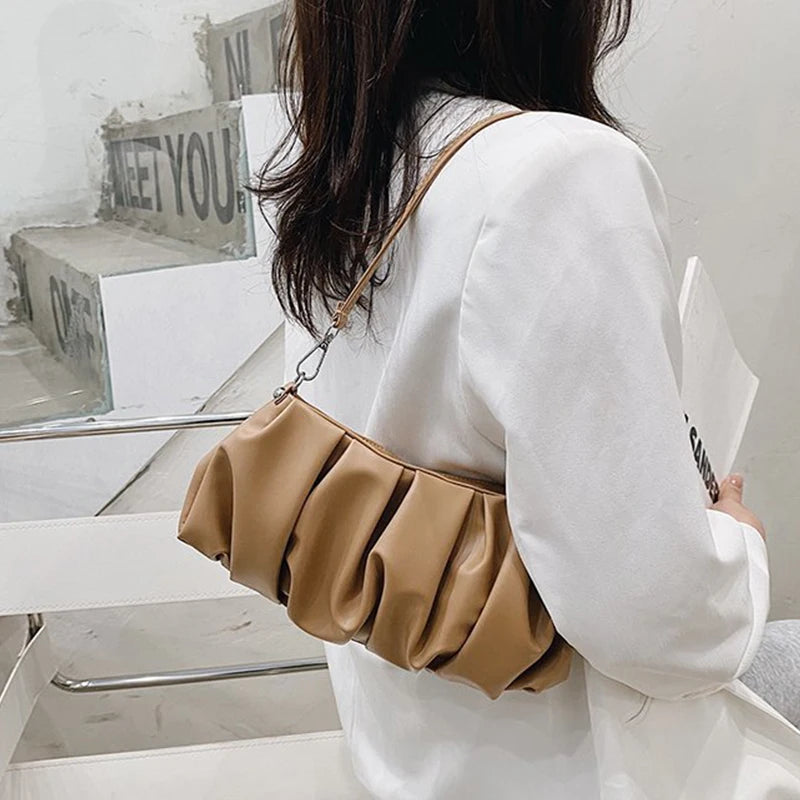 Pleated Cloud Bag Women PU Leather Underarm Bag Candy Shoulder Handbag