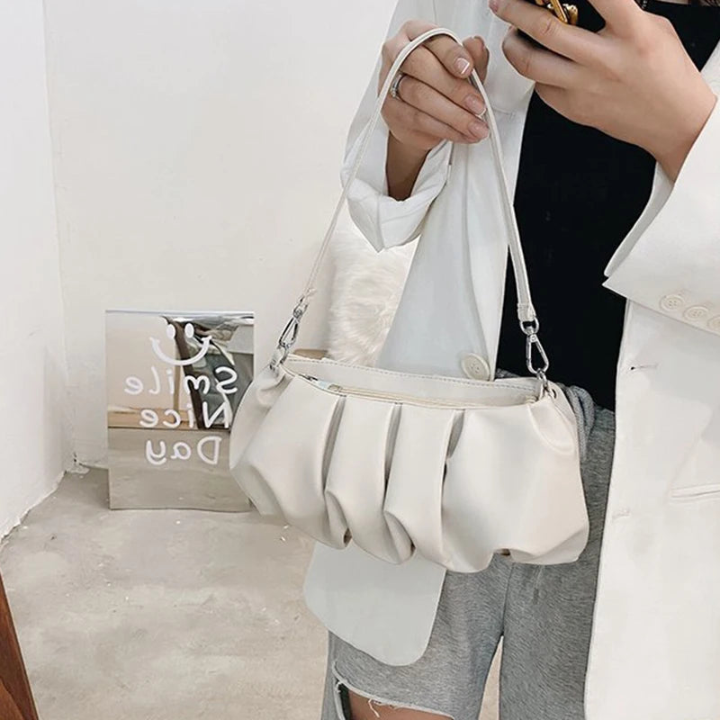 Pleated Cloud Bag Women PU Leather Underarm Bag Candy Shoulder Handbag