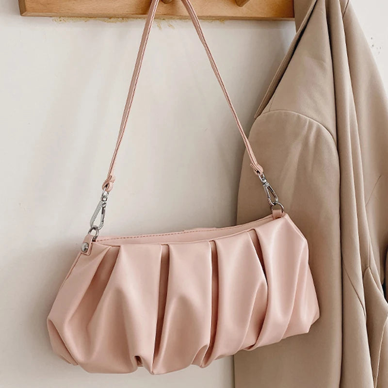 Pleated Cloud Bag Women PU Leather Underarm Bag Candy Shoulder Handbag