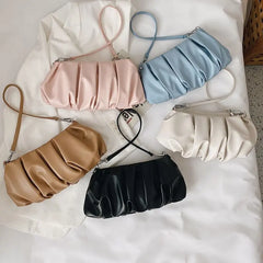 Pleated Cloud Bag Women PU Leather Underarm Bag Candy Shoulder Handbag