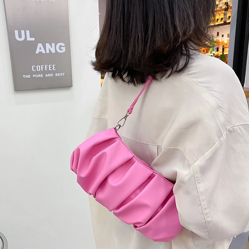 Pleated Cloud Bag Women PU Leather Underarm Bag Candy Shoulder Handbag