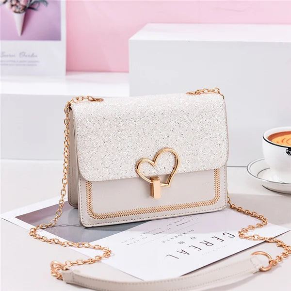 Sequin Pu Leather Female Bag Love Shape Lock Girls Chain Messenger Shoulder Bag