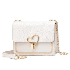 Sequin Pu Leather Female Bag Love Shape Lock Chain Shoulder Bag
