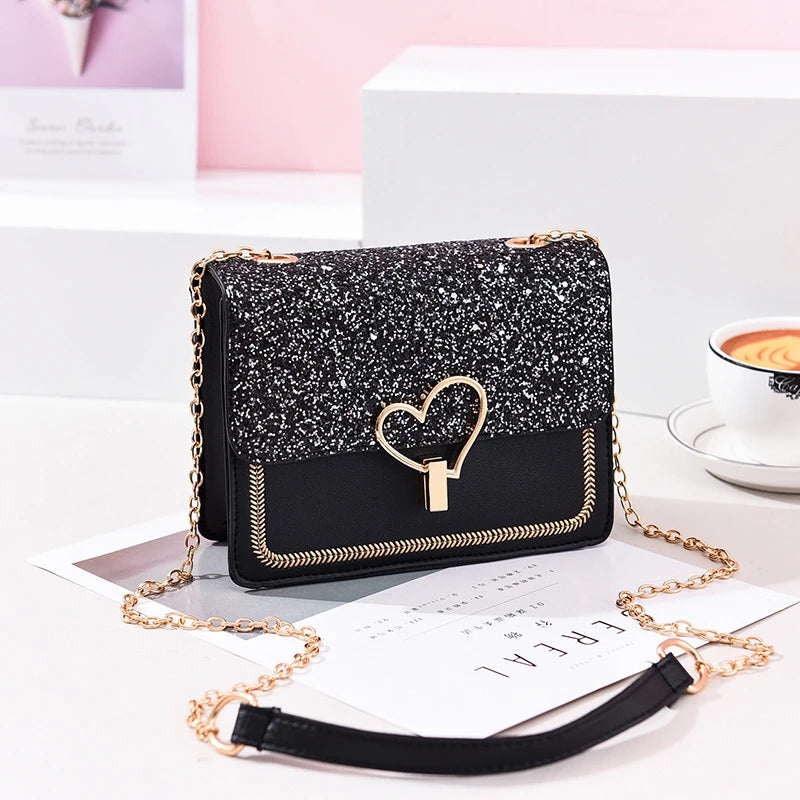 Sequin Pu Leather Female Bag Love Shape Lock Girls Chain Messenger Shoulder Bag