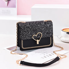Sequin Pu Leather Female Bag Love Shape Lock Girls Chain Messenger Shoulder Bag
