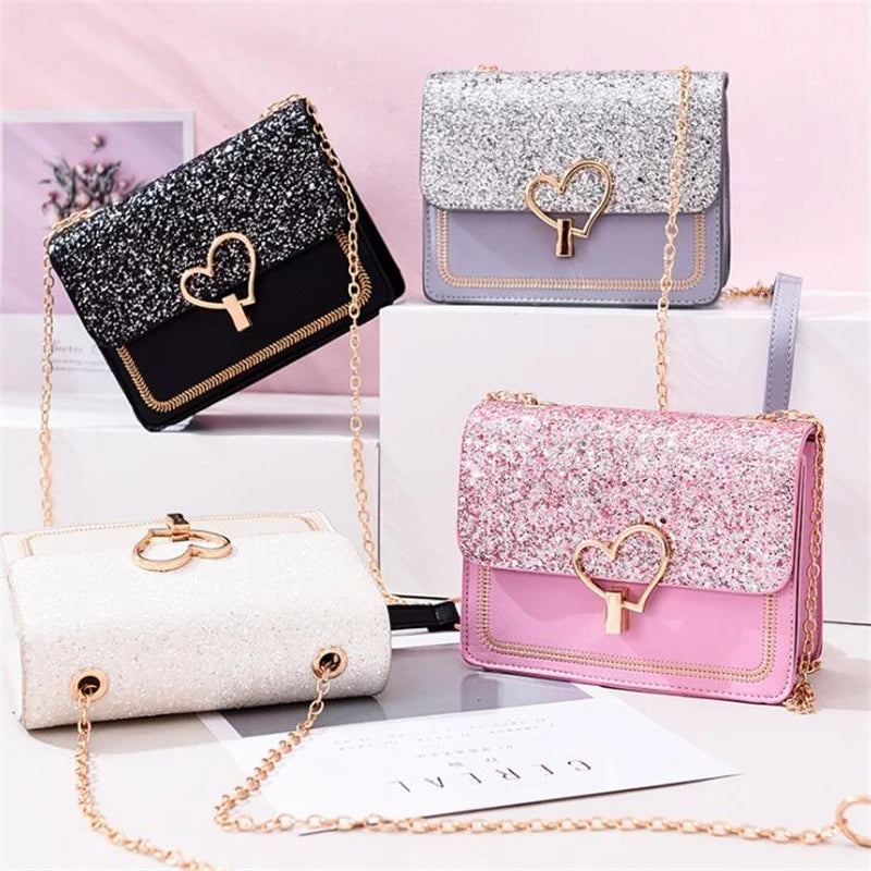 Sequin Pu Leather Female Bag Love Shape Lock Girls Chain Messenger Shoulder Bag
