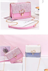 Sequin Pu Leather Female Bag Metal Love Shape Lock Girls Chain Messenger