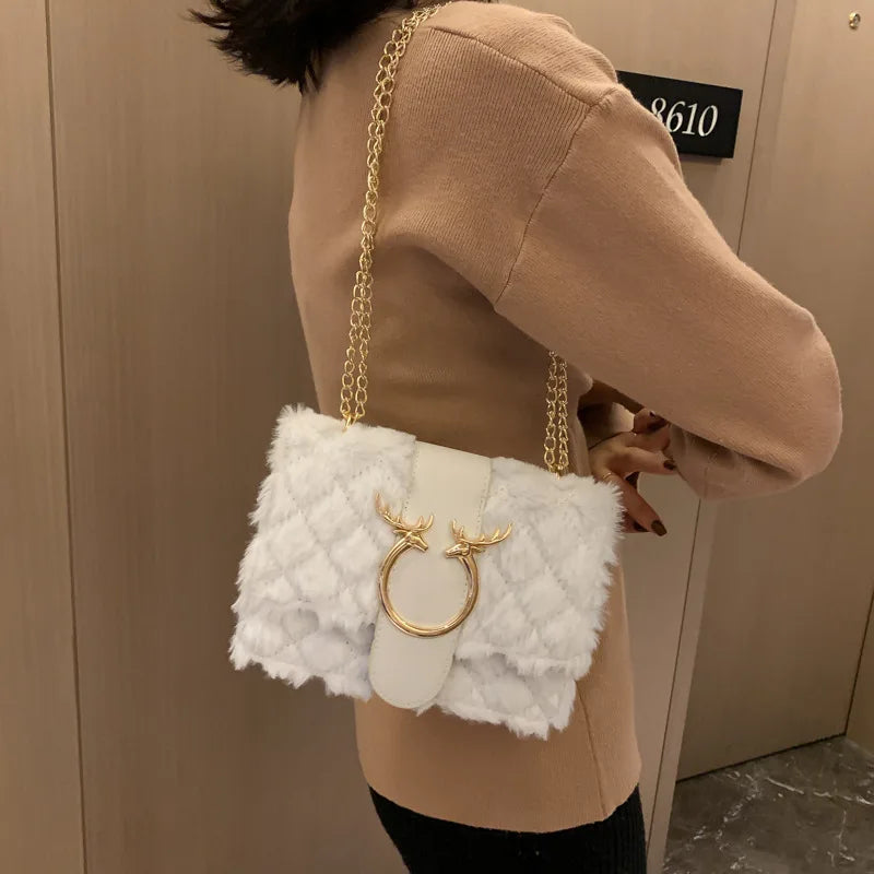 Soft Fur Women's Crossbody Bags Deer Lock Chain Plush Ladies Shoulder Messenger