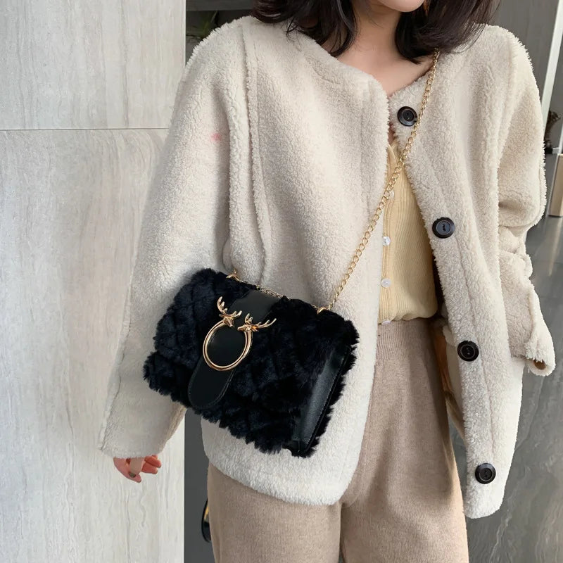 Soft Fur Women's Crossbody Bags Deer Lock Chain Plush Ladies Shoulder Messenger