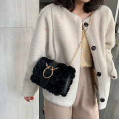 Soft Fur Women's Crossbody Bags Deer Lock Chain Plush Ladies Shoulder Messenger