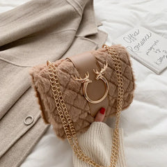 Soft Fur Women's Crossbody Bags Deer Lock Chain Plush Ladies Shoulder Messenger