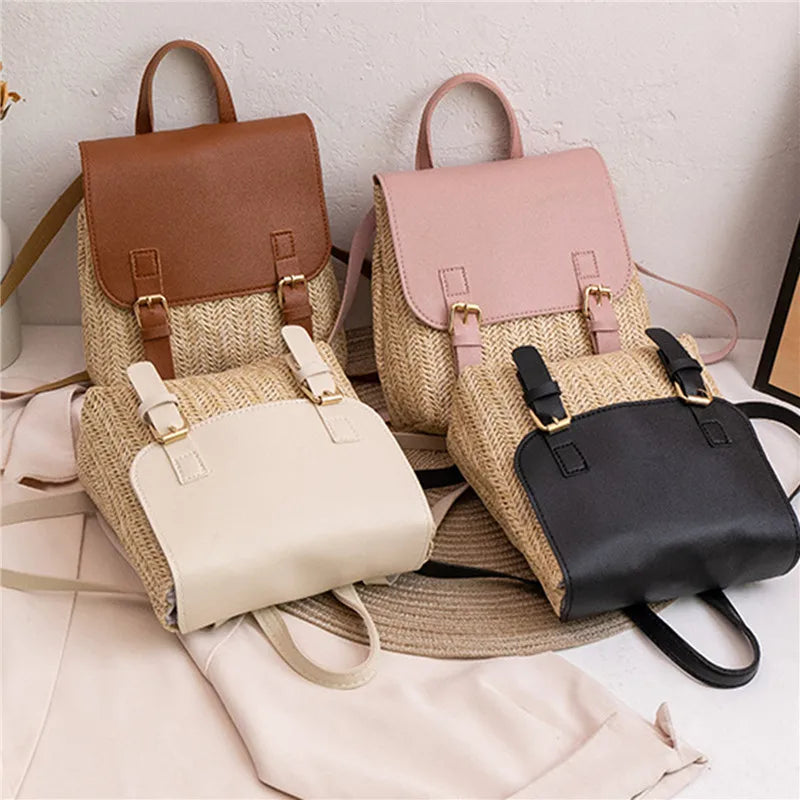 Rattan Woven Mini Straw Handbag Women Backpack