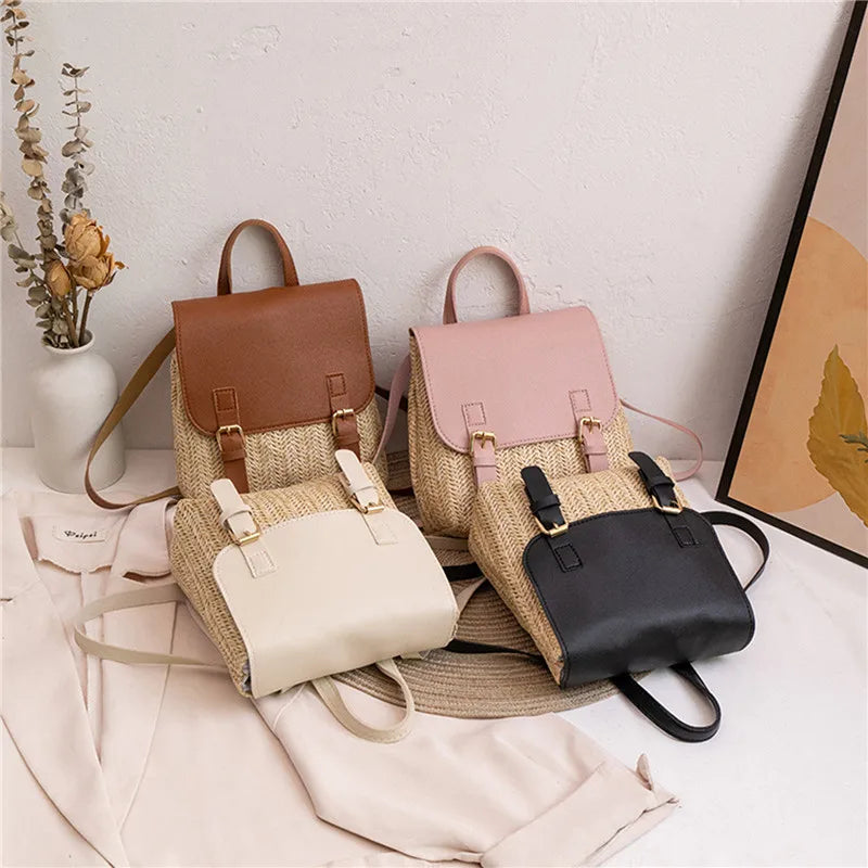 Rattan Woven Mini Straw Handbag Women Backpack