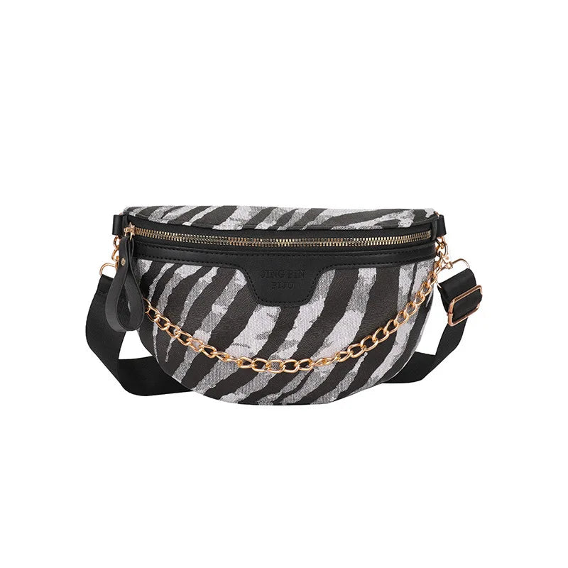 Stripe Printed PU Leather Fanny Pack for Women with Chain Strap