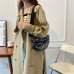 Stripe Printed PU Leather Fanny Pack for Women with Chain Strap