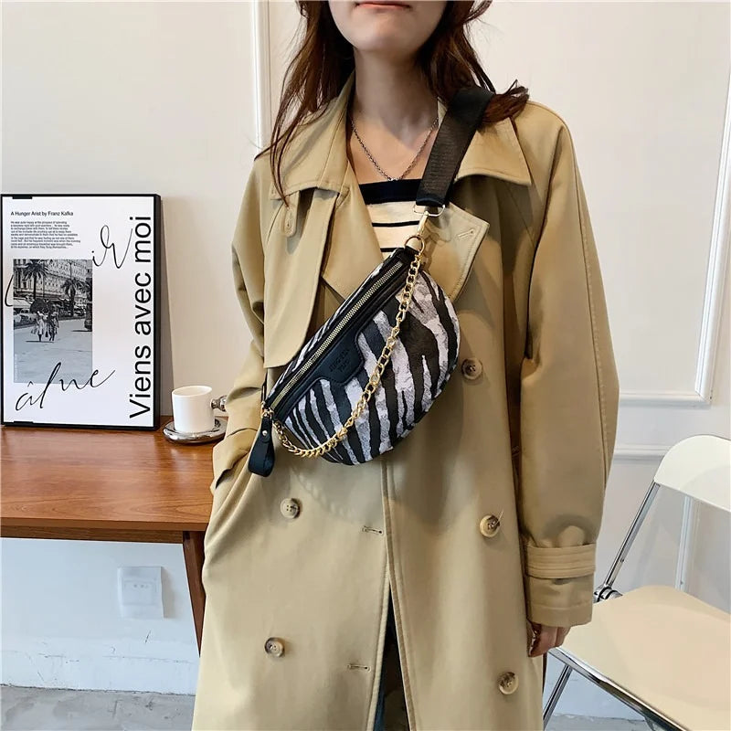 Stripe Printed PU Leather Fanny Pack for Women with Chain Strap