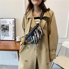 Stripe Printed PU Leather Fanny Pack for Women with Chain Strap