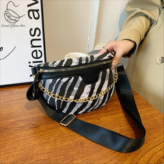 Stripe Printed PU Leather Fanny Pack for Women with Chain Strap