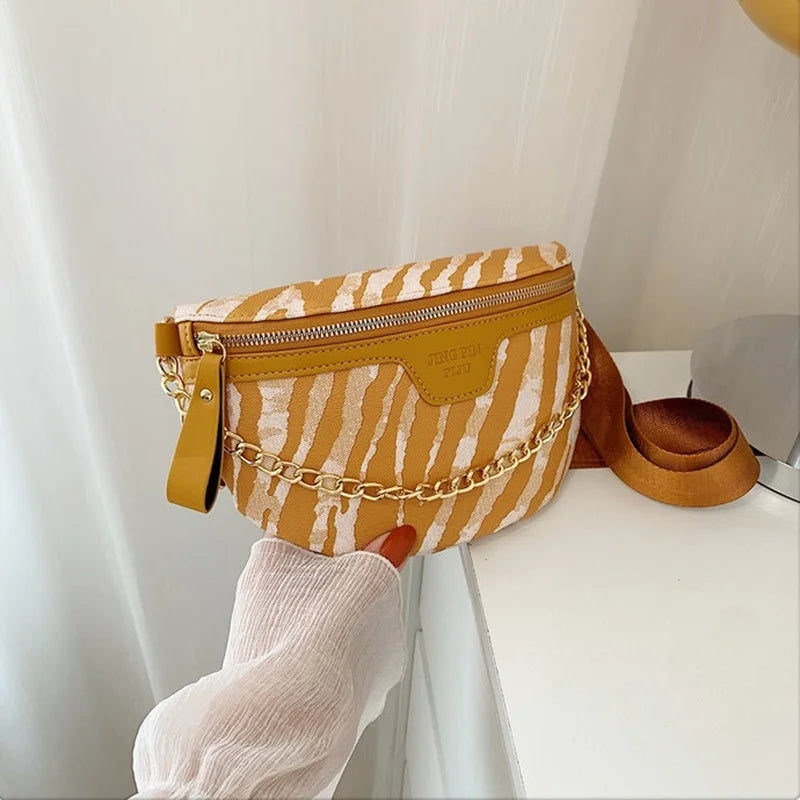Stripe Printed PU Leather Fanny Pack for Women with Chain Strap